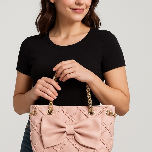 NWT, Betsey Johnson SET, Blush Crochet Bow,Shoulder Bag,Gold Chain,2 Pieces, Med - Picture 8 of 9